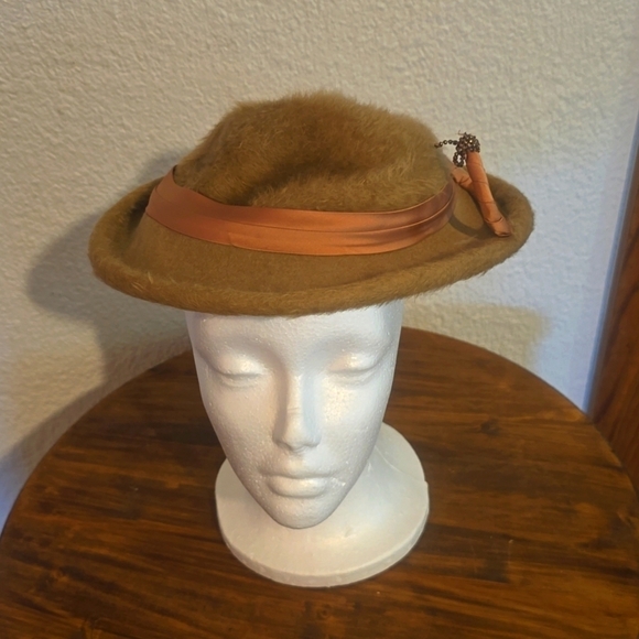 Vintage Gene Doris Womens FUR Tan Brim Church DERBY HAT Neutral 1940\'s main image 5